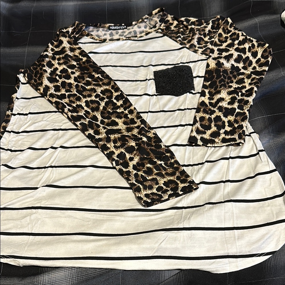 Leopard Print and Striped Long Sleeve Top
